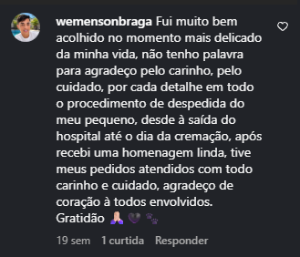 Print do depoimento de Wemenson Braga no Instagram agradecendo pelo acolhimento e cuidado na despedida do seu pet