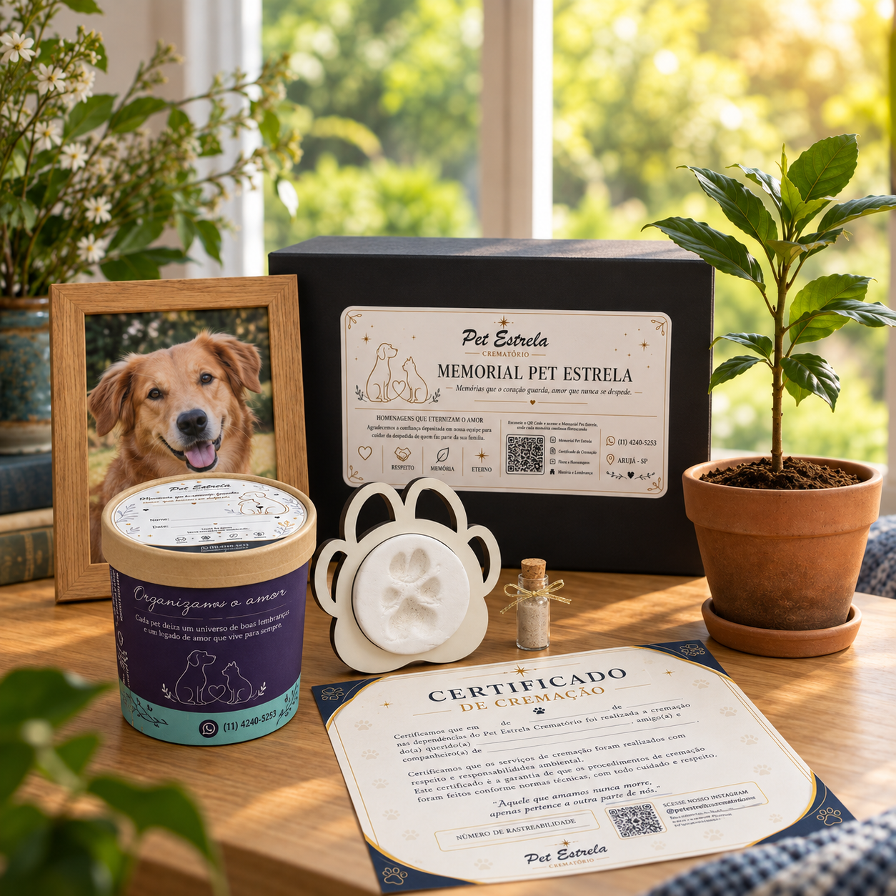 Composição ilustrativa do kit memorial Pet Estrela com urna, lembranças e uma muda de árvore